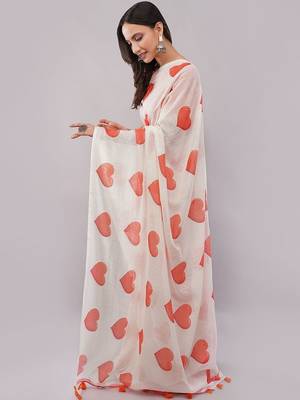 White pure linen printed saree with blouse 5