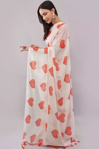 White pure linen printed saree with blouse
