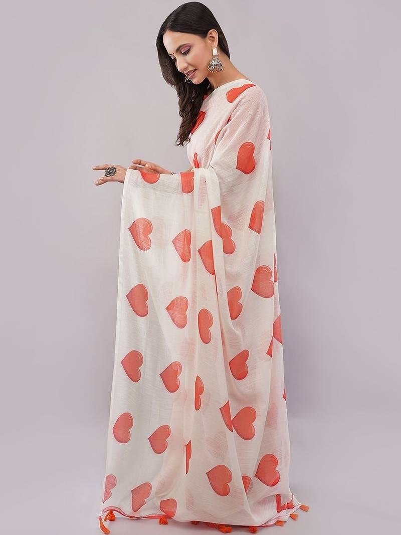White pure linen printed saree with blouse