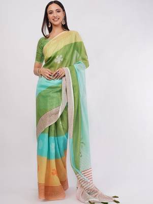 Multicolor pure linen colourblocked saree with blouse 1