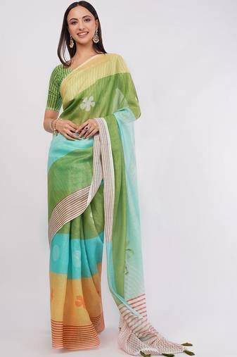Multicolor pure linen colourblocked saree with blouse