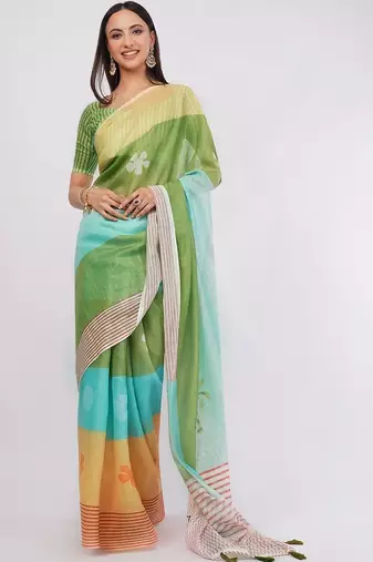 Multicolor pure linen colourblocked saree with blouse