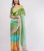 Multicolor pure linen colourblocked saree with blouse
