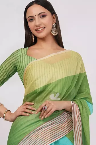 Multicolor pure linen colourblocked saree with blouse