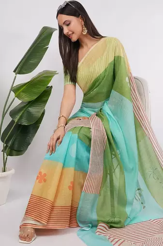 Multicolor pure linen colourblocked saree with blouse