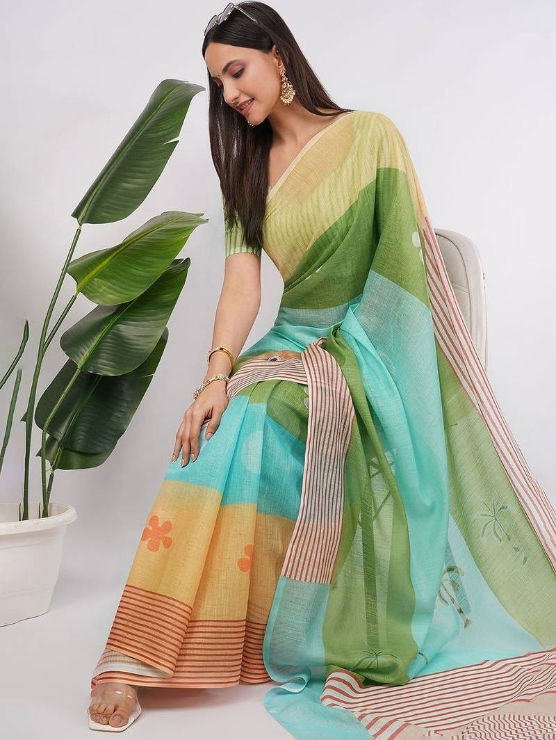 Multicolor pure linen colourblocked saree with blouse