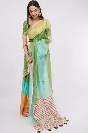 Multicolor pure linen colourblocked saree with blouse