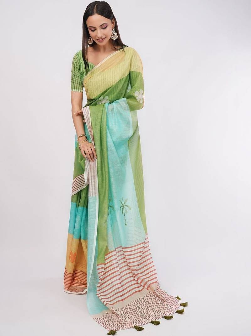 Multicolor pure linen colourblocked saree with blouse