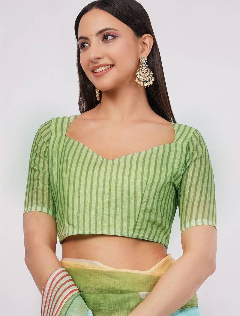 Multicolor pure linen colourblocked saree with blouse