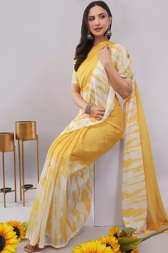 Yellow pure linen dyed saree with blouse