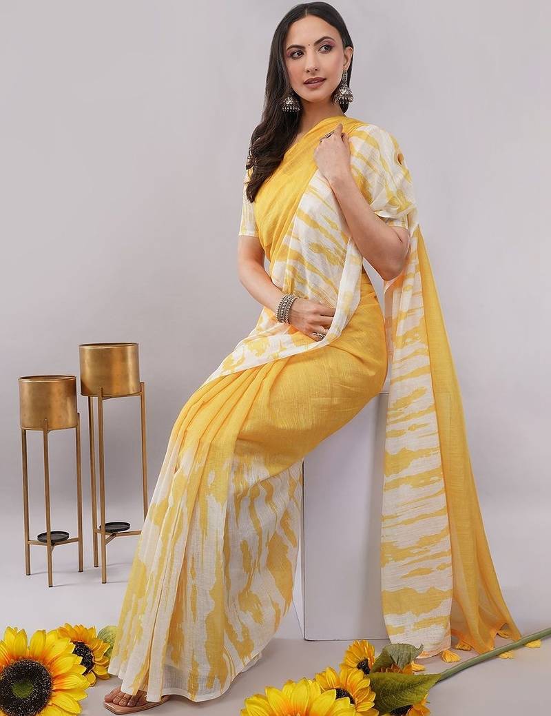Yellow pure linen dyed saree with blouse