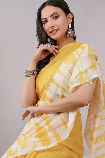 Yellow pure linen dyed saree with blouse
