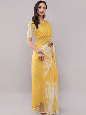 Yellow pure linen dyed saree with blouse 3