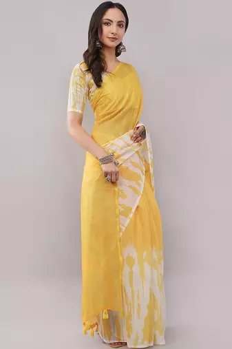 Yellow pure linen dyed saree with blouse