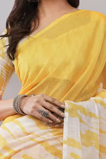 Yellow pure linen dyed saree with blouse