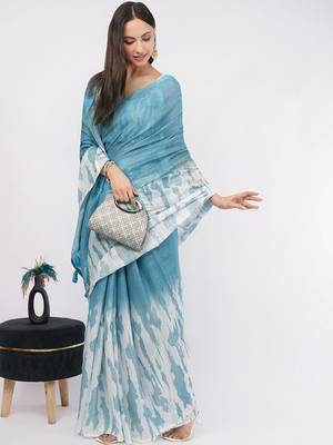 Blue pure linen printed saree with blouse 1