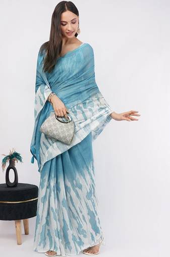 Blue pure linen printed saree with blouse