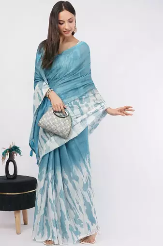 Blue pure linen printed saree with blouse