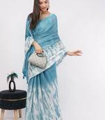 Blue pure linen printed saree with blouse