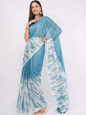 Blue pure linen printed saree with blouse 3
