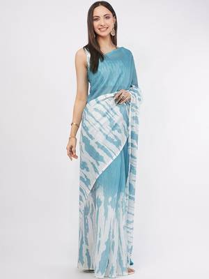 Blue pure linen printed saree with blouse 4
