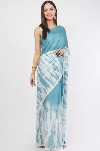 Blue pure linen printed saree with blouse