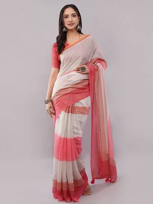 Off white pure linen striped saree with blouse 1