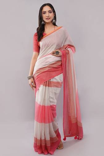 Off white pure linen striped saree with blouse