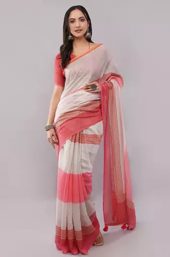 Off white pure linen striped saree with blouse