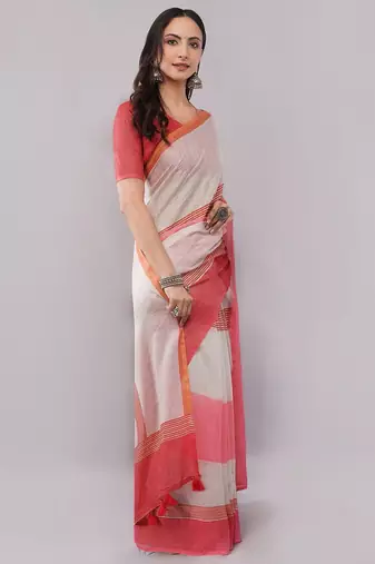 Off white pure linen striped saree with blouse