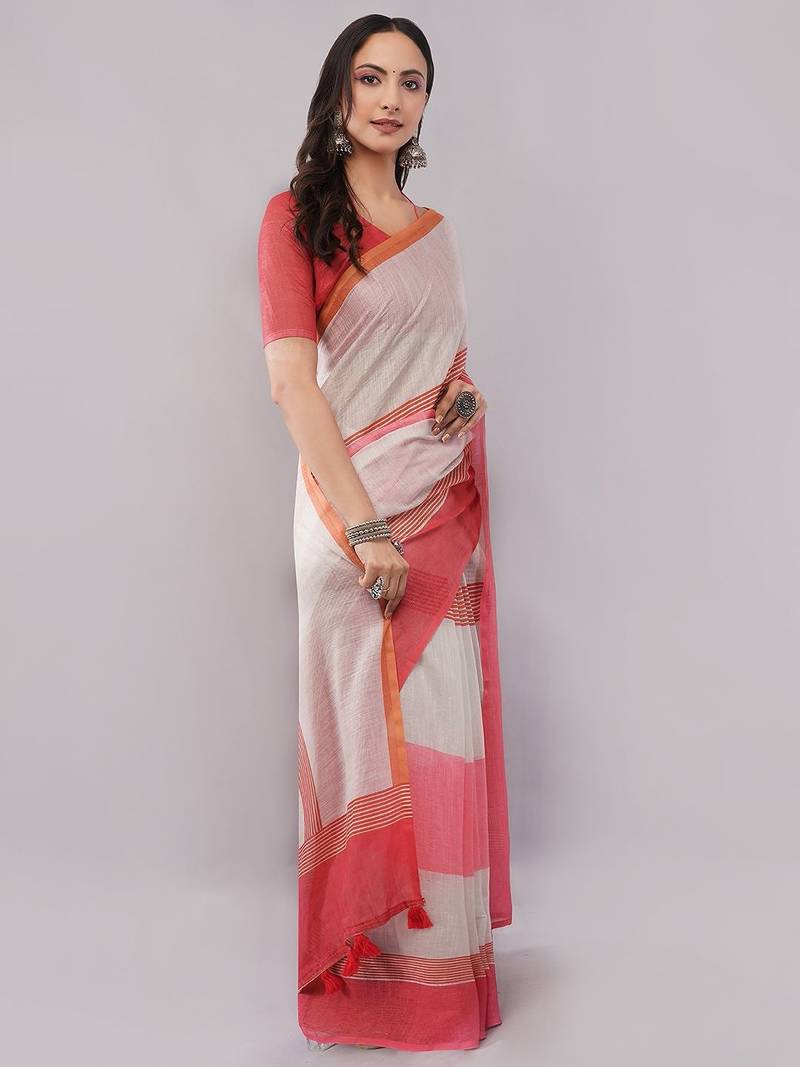 Off white pure linen striped saree with blouse