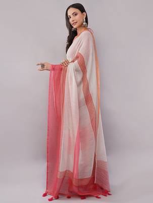 Off white pure linen striped saree with blouse 3
