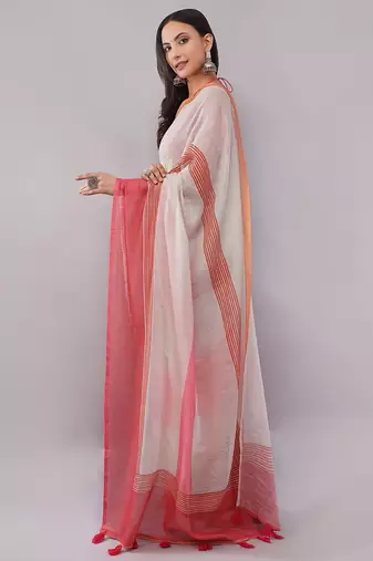 Off white pure linen striped saree with blouse