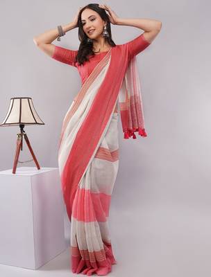 Off white pure linen striped saree with blouse 4