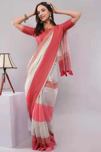Off white pure linen striped saree with blouse