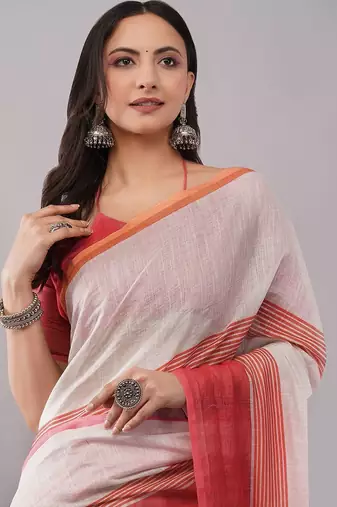 Off white pure linen striped saree with blouse