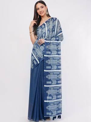 Navy blue pure linen printed saree with blouse 1
