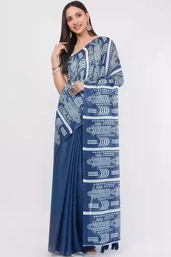 Navy blue pure linen printed saree with blouse