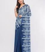 Navy blue pure linen printed saree with blouse