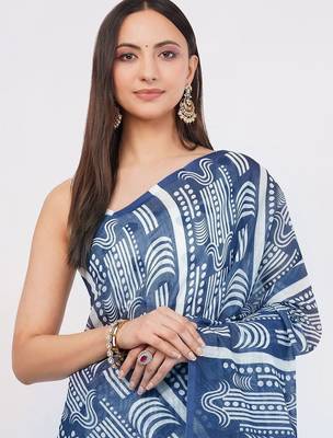 Navy blue pure linen printed saree with blouse 2