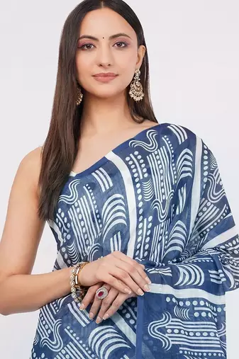Navy blue pure linen printed saree with blouse
