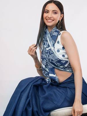 Navy blue pure linen printed saree with blouse 3