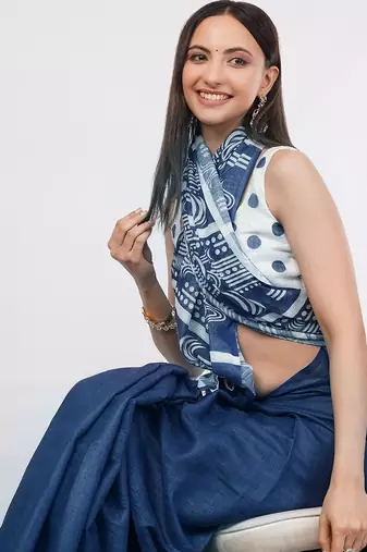 Navy blue pure linen printed saree with blouse