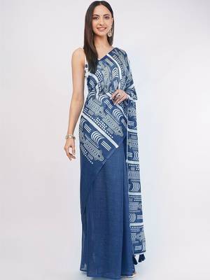 Navy blue pure linen printed saree with blouse 4