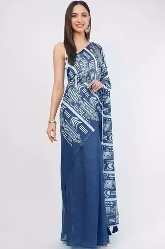 Navy blue pure linen printed saree with blouse