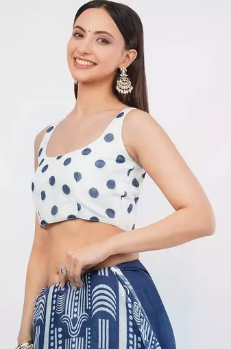 Navy blue pure linen printed saree with blouse