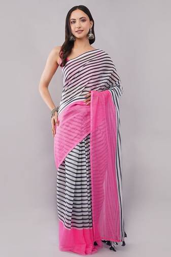 Multicolor pure linen striped saree with blouse