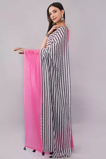 Multicolor pure linen striped saree with blouse