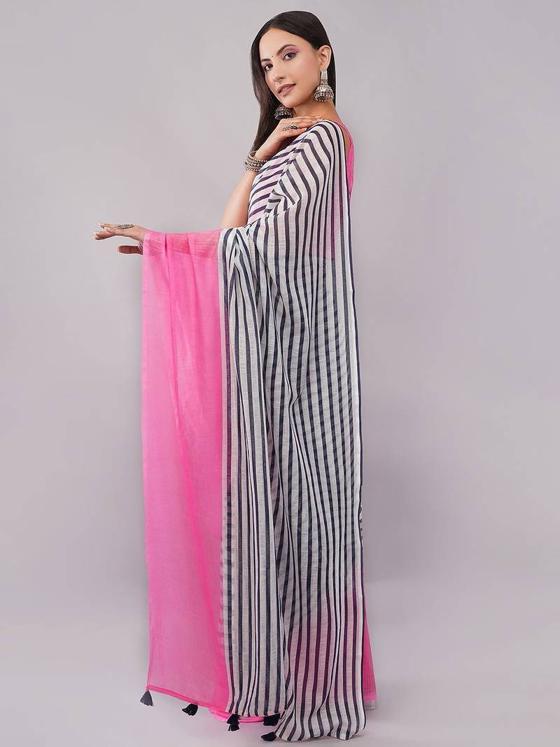 Multicolor pure linen striped saree with blouse