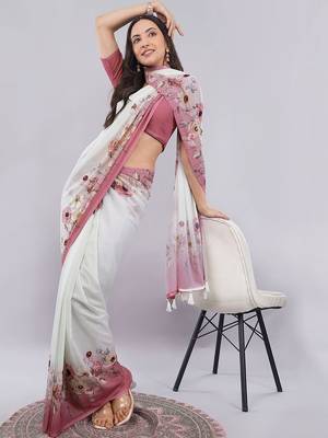 White georgette printed saree with blouse 1